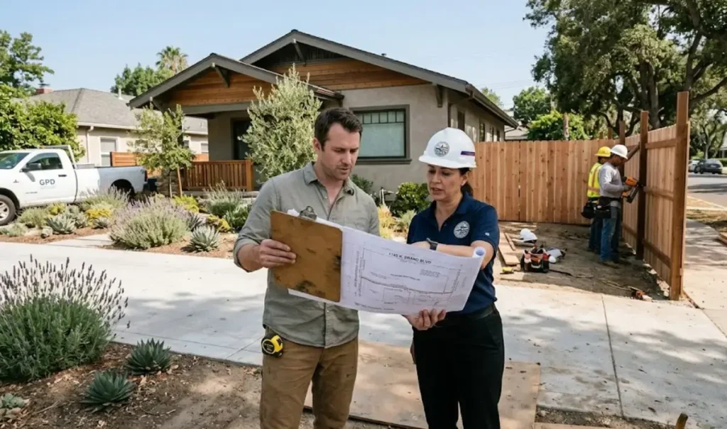 Fence Installation Glendale CA permit review with inspector and homeowner checking blueprint before wood fence build