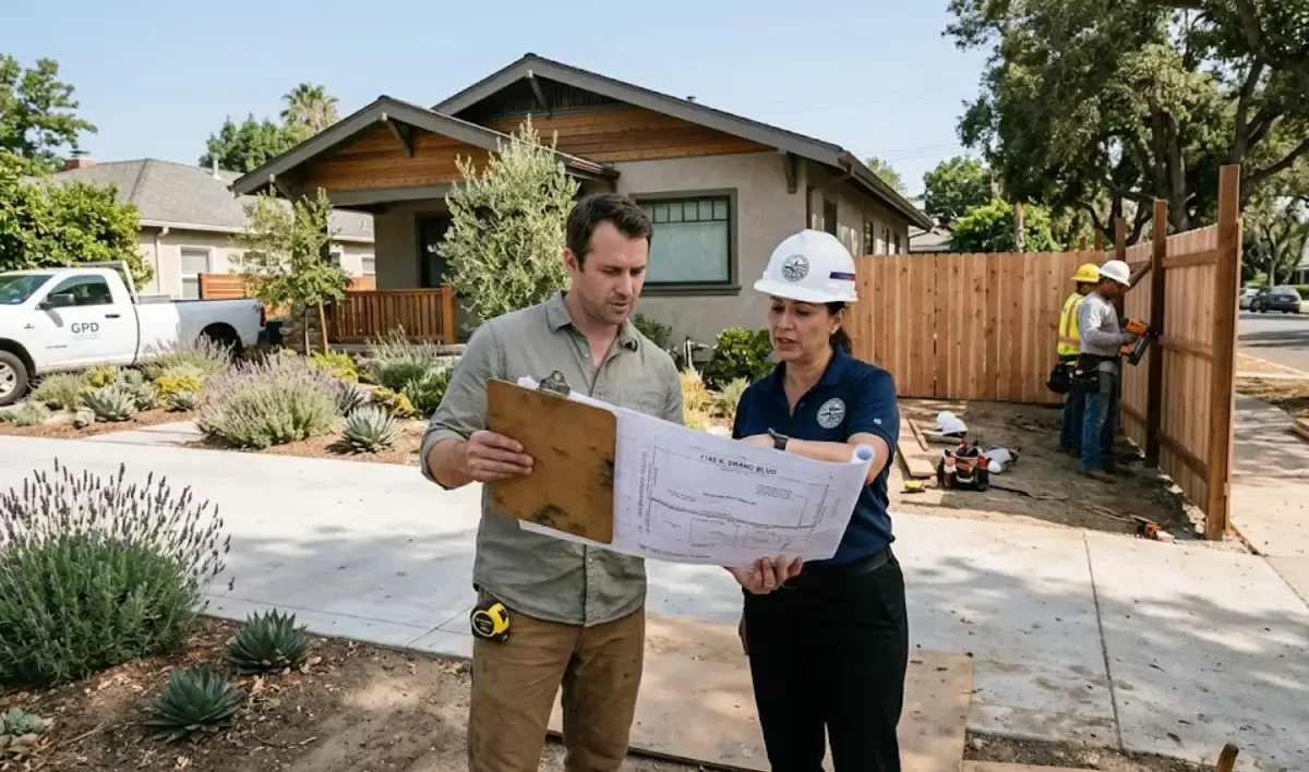 Fence Installation Glendale CA permit review with inspector and homeowner checking blueprint before wood fence build