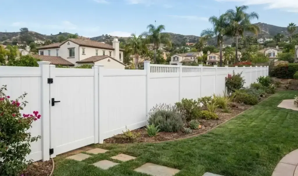 White vinyl privacy fence installation in Glendale, CA backyard showing cost-effective fencing with mountain and landscaping views